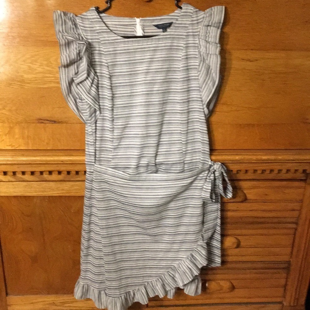 Lucky Brand Preppy Black White Striped Ruffle Faux Wrap Cotton Dress Cottagecore